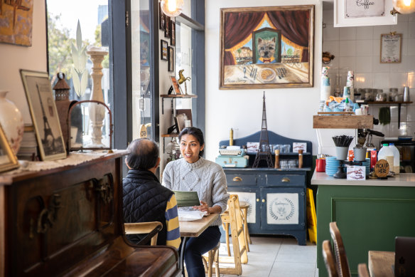 The cafe-bakery’s cheerful, eclectic interior.