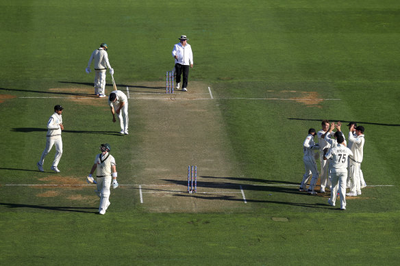 Steve Smith walks off after his second innings exit in Wellington.