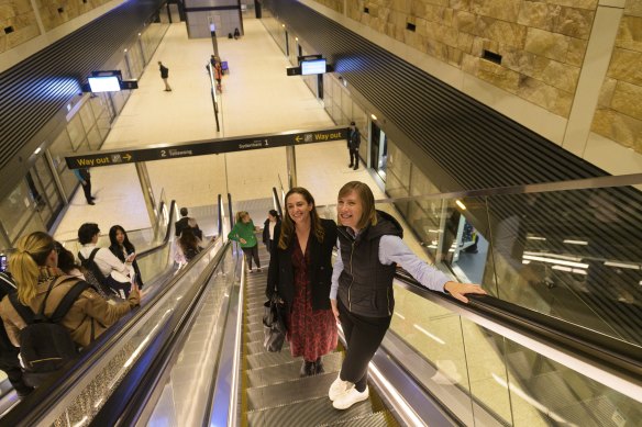 Herald state political editor Alexandra Smith (left) and Transport Minister Jo Haylen at Victoria Cross station at the start of their metro bar crawl.