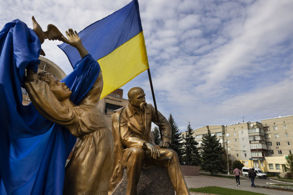Ukrainian flags are displayed in the town square in Balakiya, Ukraine. Balakiya was under Russian occupation for six months, the mayor collaborated with Russians, sparing the city from major destruction. 