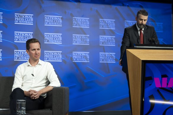 Greens spokesman for housing Max Chandler-Mather and Property Council head Mike Zorbas at the National Press Club.