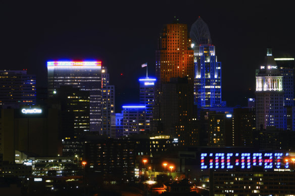 Downtown Cincinnati lit up in Buffalo Bills colours in support of Hamlin.