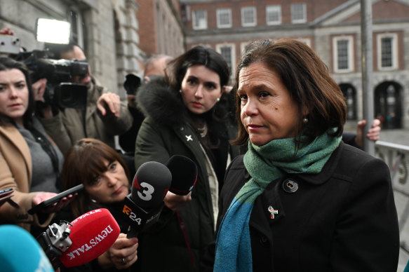 Sinn Fein leader Mary Lou McDonald speaks to the media outside Dublin castle following the referendum.