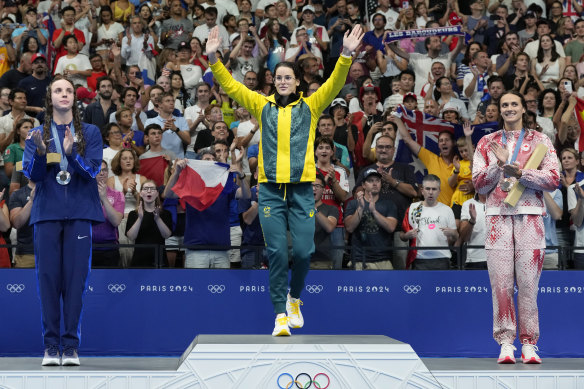 Australia’s Kaylee McKeown, centre, wins one of her five gold medals, for the women’s 200-metre backstroke.