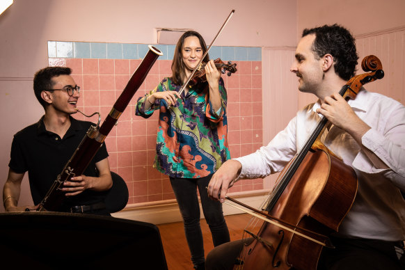 Musicians Andre Oberleuter (bassoon), Rachael Kwa (violin) and Hamish Jamieson (cello).