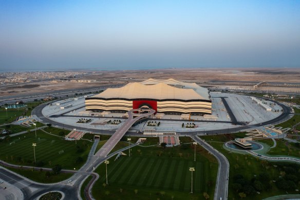 An aerial view of Al Bayt Stadium, which is designed to look like a Bedouin tent.