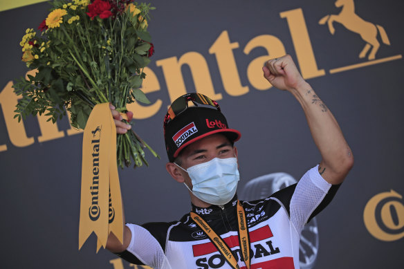 Ewan celebrates on the podium after claiming his second victory in this year's Tour de France.