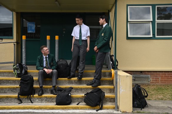 Epping Boys High School Year 12 students Harry Bowen (left) who received 89.45, Tom Liu (centre) who received 99.9, and Nicholas Griffith (right) who received 97.3.