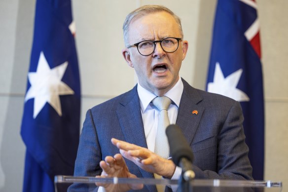 Prime Minister Anthony Albanese addresses the media in Madrid where he is attending the NATO summit.