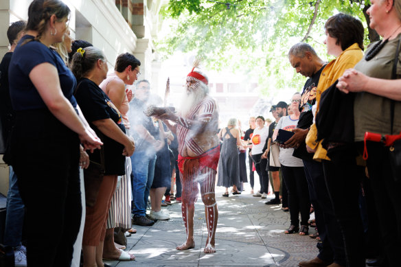 Supporters of the Yes campaign gathered outside the Tandanya Aboriginal Cultural Institute in Adelaide.