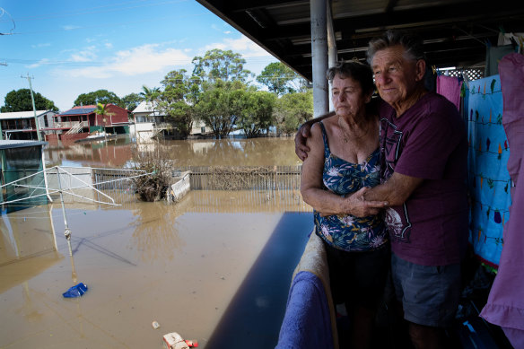 Gail and Bill Ferrier in their flood-affected home in Woodburn in the Northern Rivers region.