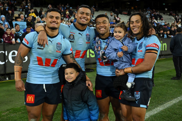 Blues brothers: Spencer Leniu, Stephen Crichton, Brian To’o, Jarome Luai after NSW’s Origin series victory.