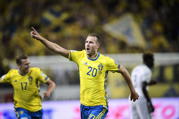 Toivonen celebrates a goal at the 2018 World Cup.