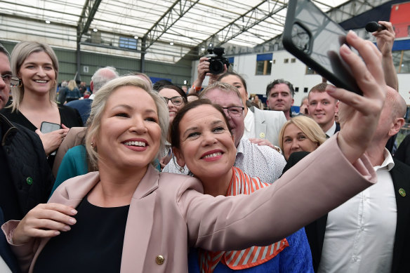 Sinn Fein northern leader, Michelle ONeill and Sinn Fein leader, Mary Lou McDonald take a selfie as they celebrate the historic win.