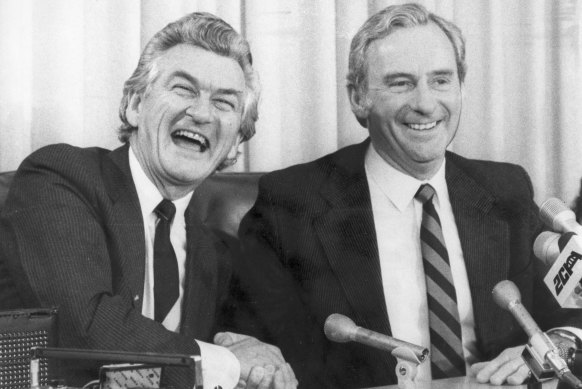 Bob Hawke shakes hands with Bill Hayden, after he unsuccessfully challenged Hayden for the leader’s position.