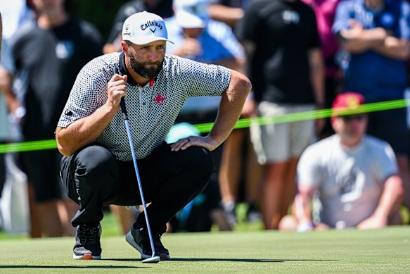 Jon Rahm lines up a putt during LIV Golf’s event in Adelaide in February.