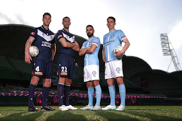 The OG Melbourne derby: Melbourne Victory duo Lachlan Jackson and Roderick Miranda with Aziz Behich and Kai Trewin.