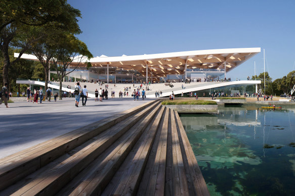 An artist's impression of the eastern entrance of the new Sydney Fish Market to be built on Bridge Road, Blackwattle Bay.