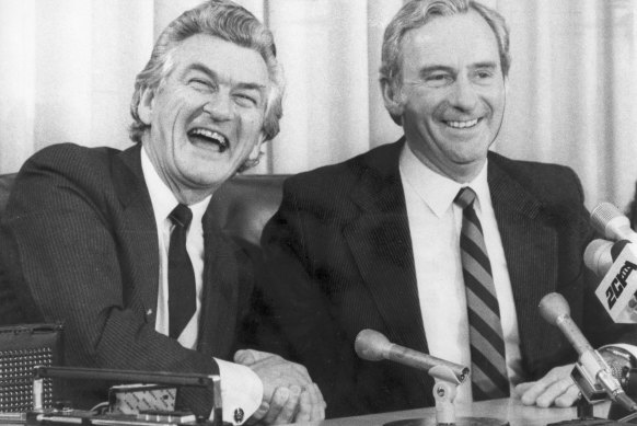 Bob Hawke shakes hands with Bill Hayden after he unsuccessfully challenged Hayden for the Labor leadership in 1982.