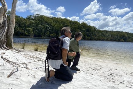 Conservationists Greg Wood and Fiona Hawthorne from Protect Our Parks say ecological concerns are being overtaken by commercial interest at Cooloola’s Lake Poona.