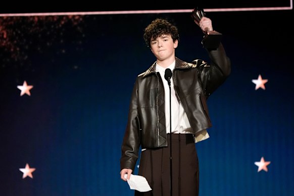 Owen Cooper accepts the award for best supporting actor in a limited series or movie made for television for Adolescence.