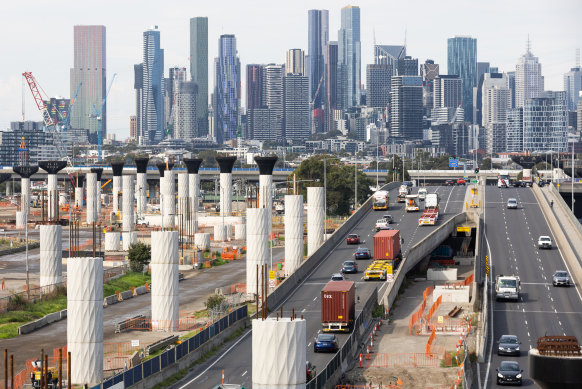 Pylons for the elevated freeway over Footscray Road, as part of the West Gate Tunnel project.