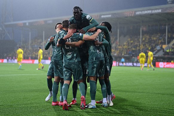 Spurs players celebrate Dominic Solanke’s goal.