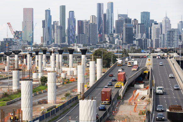 Pylons for the elevated freeway over Footscray Road heading towards Docklands and West Melbourne as part of the West Gate Tunnel project.