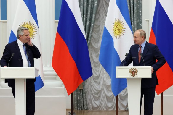 Russian President Vladimir Putin, right, and Argentinian President Alberto Fernandez address the media after talks at the Kremlin in February.