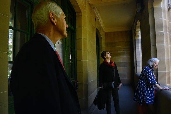 The descendants of architect Walter Liberty Vernon, Michael Vernon (left), Katharine Vernon (centre) and Jane Vernon (right) tour the Registrar General’s building in Sydney. 