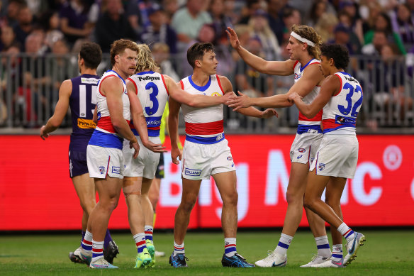 The Western Bulldogs celebrate a goal
.