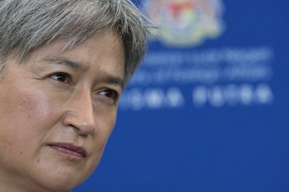 Foreign Minister Penny Wong, seen here at a press conference in Malaysia this week, will meet Lavrov face to face for the first time in Bali. 