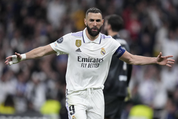 Real Madrid talisman Karim Benzema celebrates his goal against Liverpool.