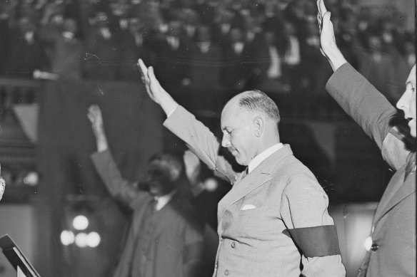 Leader of the New Guard fascist group Eric Campbell making what looks like a Nazi salute in Sydney in December, 1931.
