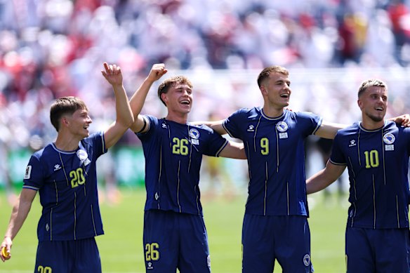 Esmir Bajraktarevic, Ermin Mahmic, Samed Bazdar, and Ermedin Demirovic of Bosnia and Herzegovina celebrate after the 3-1 win.
