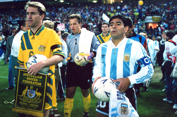 Paul Wade and Diego Maradona walk onto the Sydney Football Stadium in the first leg of a World Cup qualifying tie in 1993.