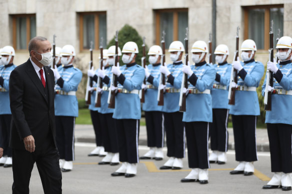 Turkish President Recep Tayyip Erdogan inspects a military honour guard in Ankara, Turkey, last week.