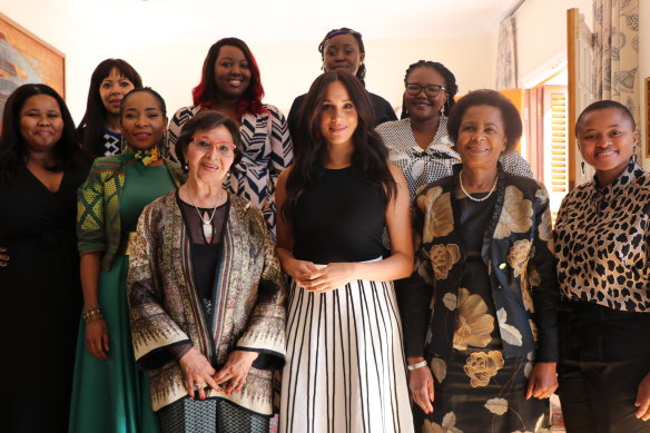 Meghan, Duchess of Sussex, with South African female activists (from left) Lindiwe Mazibuko, Sonja De Bruyn Sebotsa, Professor Mamokgethi Phakeng, Sophia Williams-De Bruyn, Mbali Ntuli, Nompendulo Mkhatshwa, Siviwe Gwarube, Dr Mamphela Ramphele and Judy Sikuza in Cape Town.