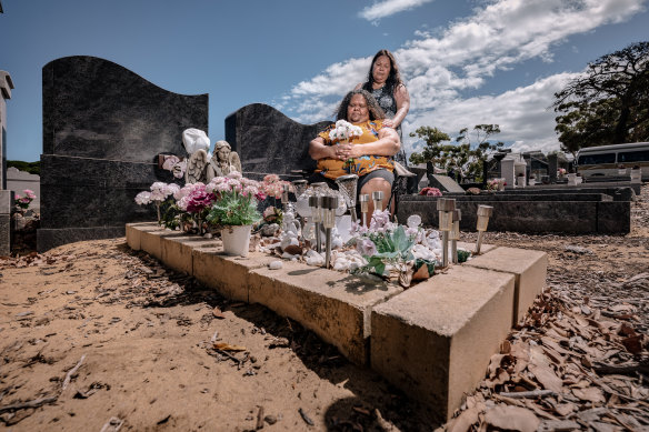 Karen Blanket (left) and Connie Moses-Penny at Fremantle Cemetery, where their sons are buried. Both young men died at Acacia Prison east of Perth.