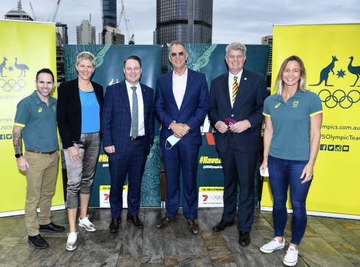 Australian Olympic boxer Brad Hore, Olympic beach volleyball gold medallist Natalie Cook, lord mayor Adrian Schrinner, chair Australian Olympic Team Appeal Committee Qld Mark Stockwell, Qld Minister for Sport Stirling Hinchcliffe and Olympic swimmer Brooke Hanson in July.
