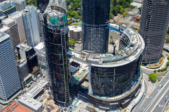 Queen’s Wharf Brisbane, as seen from above in December 2023, has been hit hard in a new report.