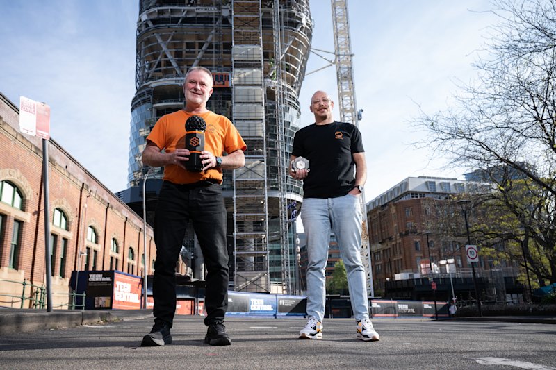 SiteHive founders Adam Ferguson and Ben Cooper-Woolley with Audio Classifier devices.