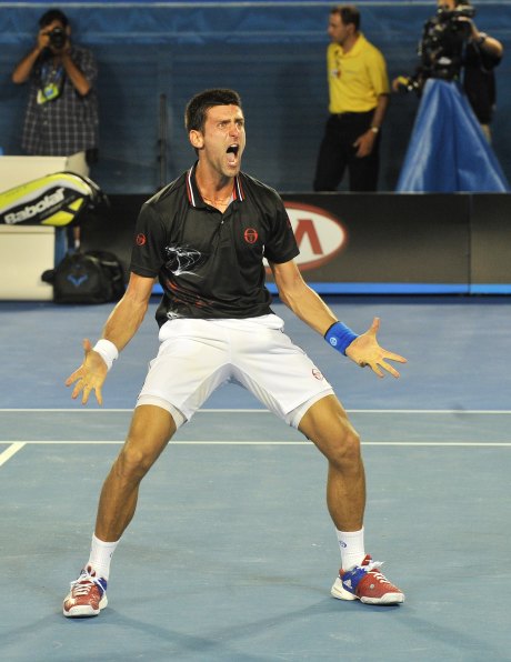 Djokovic roars after winning a marathon final. 