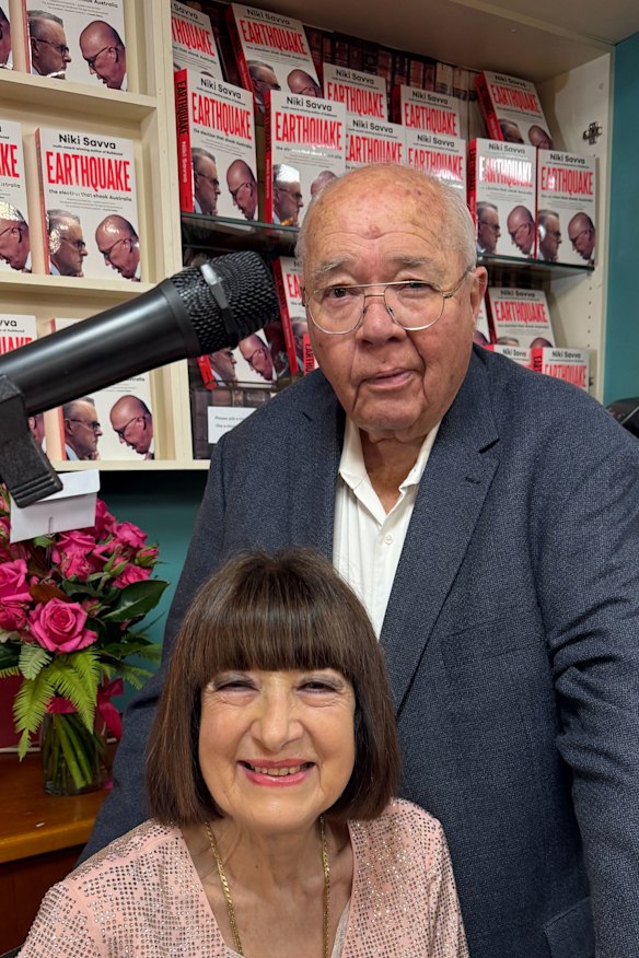 Columnist Niki Savva with Laurie Oakes at the launch for her fifth book, Earthquake, at the Paperchain Bookstore. 