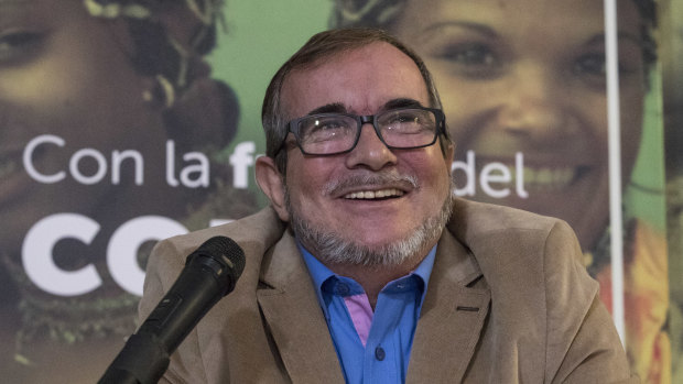 Former guerilla leader, Rodrigo Londono, smiles during a press conference last month.
