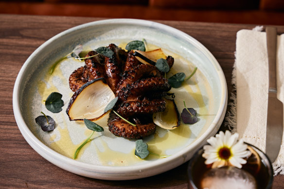 Pulpo escondido (grilled octopus on chintextle paste with huitlacoche and tostada).