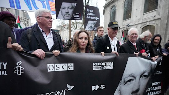 Stella Assange, wife of Julian Assange, starts a march to Downing Street with protesters at the end of a two-day hearing at the Royal Courts of Justice in London.