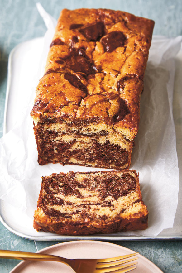 Comforting glazed marble loaf cake.