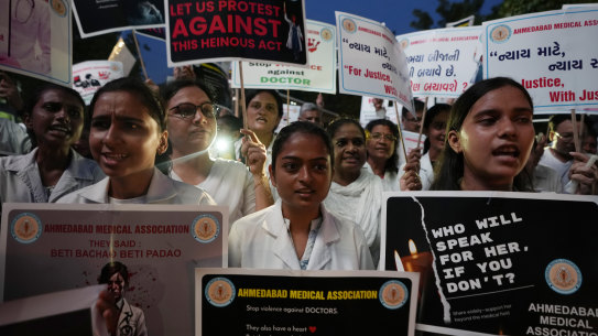 Doctors and medical students protest the rape and killing of a trainee doctor at a government hospital in Kolkata last week.