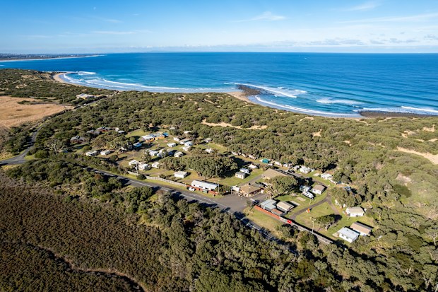 An aerial shot of a coastal town 